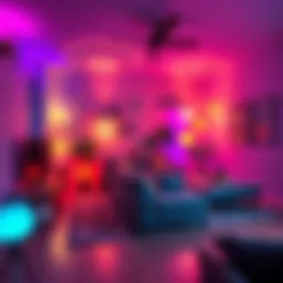 A stylish living room with various ambient lights creating a cozy atmosphere
