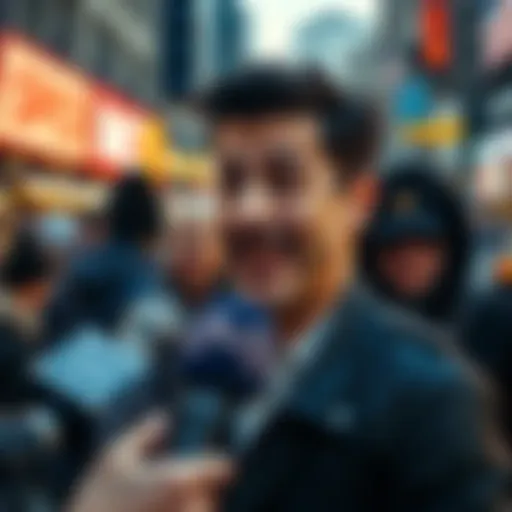 A person being interviewed on the street with exaggerated facial expressions, surrounded by curious passersby.