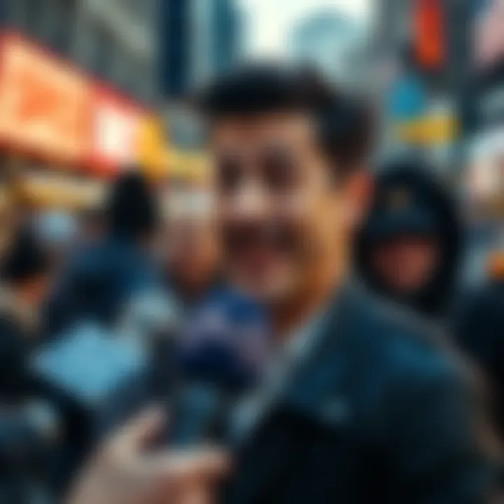 A person being interviewed on the street with exaggerated facial expressions, surrounded by curious passersby.