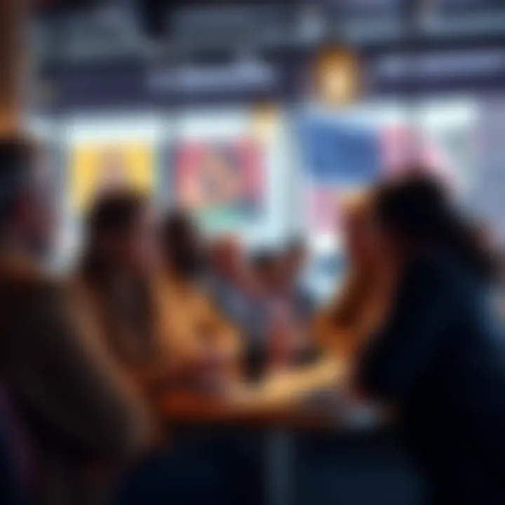 A group of diverse Americans discussing cryptocurrency options in a coffee shop, showing a mix of interest and concern about financial stability.