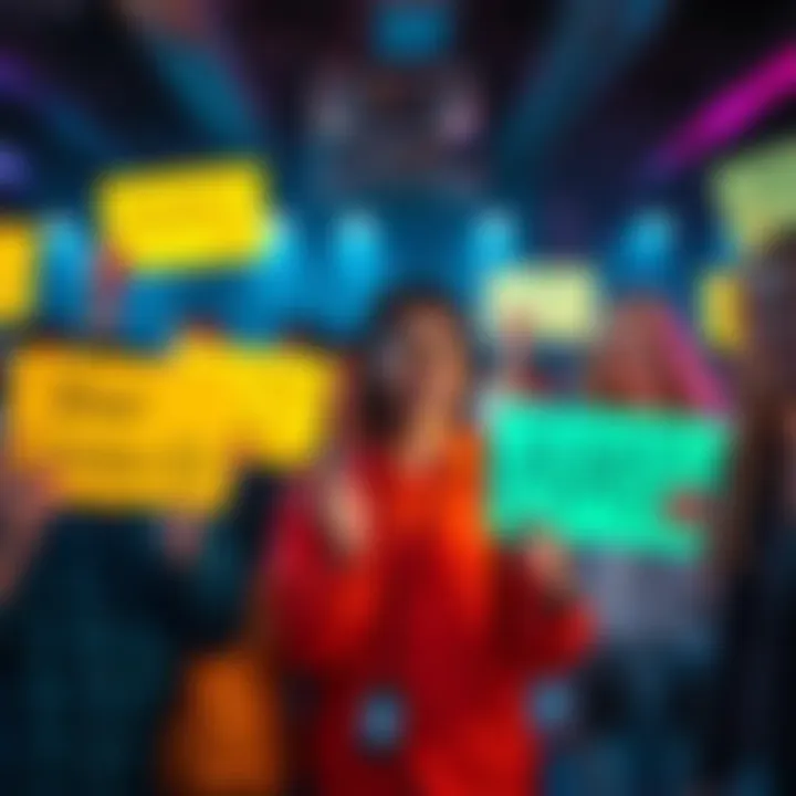 Amp enthusiasts engaging in a positive discussion about the cryptocurrency market, holding signs with puns and smiling faces.