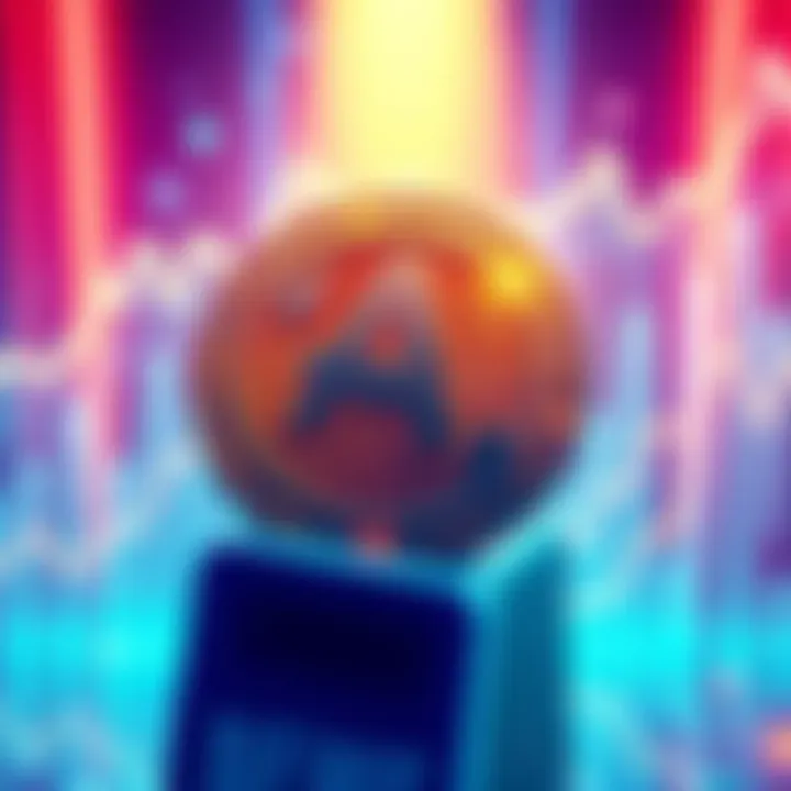 Illustration of Amp Token symbolizing its success in digital finance, with a backdrop of financial growth graphs and blockchain imagery