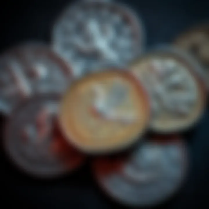 A collection of five ancient Roman coins, prominently featuring a silver Constantius II coin with a phoenix design on the back.