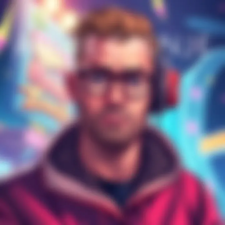 A digital illustration of Andre Cronje announcing his new NFT marketplace, showcasing vibrant NFT artworks and a competitive atmosphere against OpenSea.
