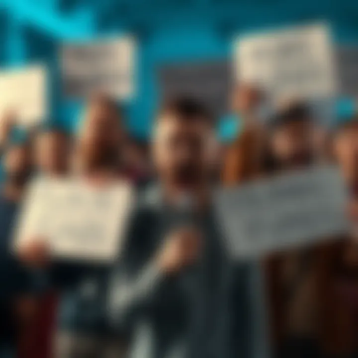 Group of frustrated people expressing anger about scammers who falsely lock funds, holding signs demanding justice and security.