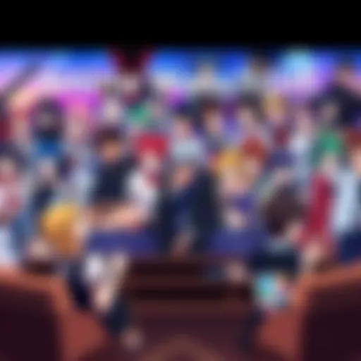 Colorful collage of popular anime characters from shows like Berserk, Neon Genesis Evangelion, and Your Lie in April watching TV together