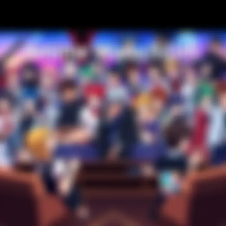 Colorful collage of popular anime characters from shows like Berserk, Neon Genesis Evangelion, and Your Lie in April watching TV together