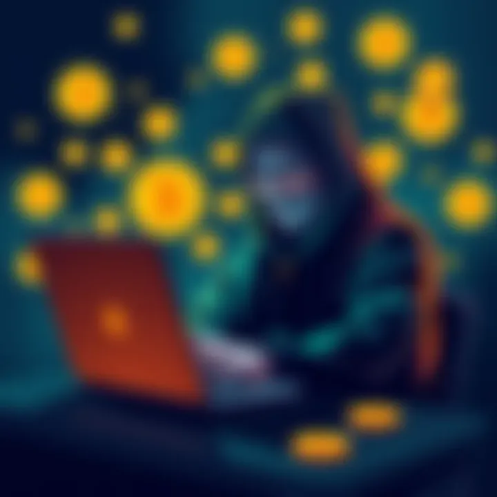Illustration of a person using a laptop with Bitcoin symbols around, representing secure and private transactions