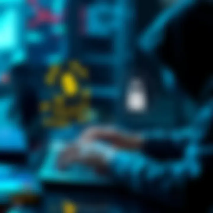 A person using a laptop with digital currency symbols and a lock icon, symbolizing privacy in crypto swaps.