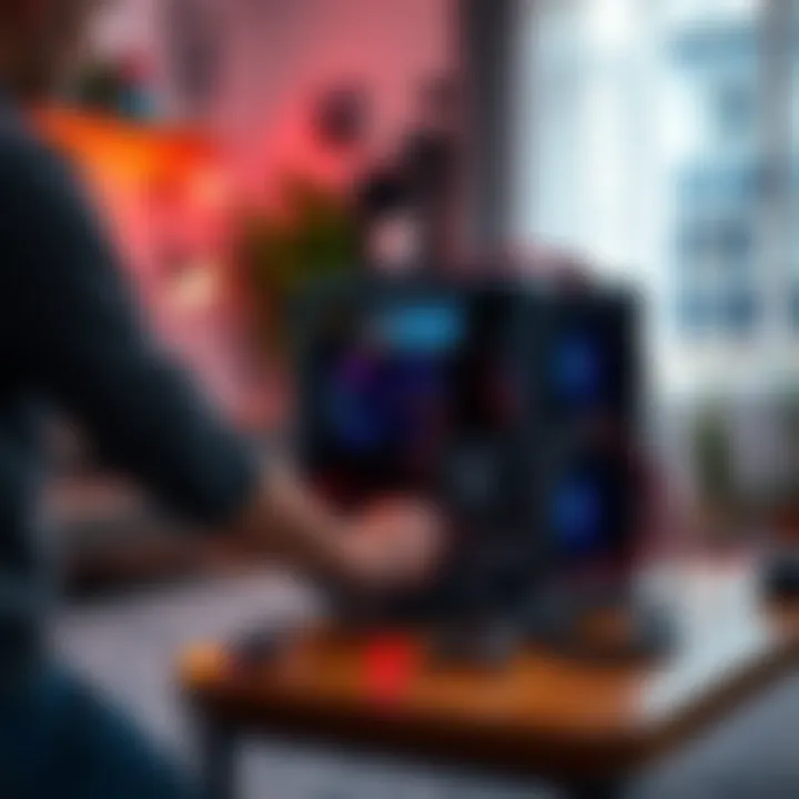 A person setting up an Antminer mining device in a living room, showing the machine and cables on a table