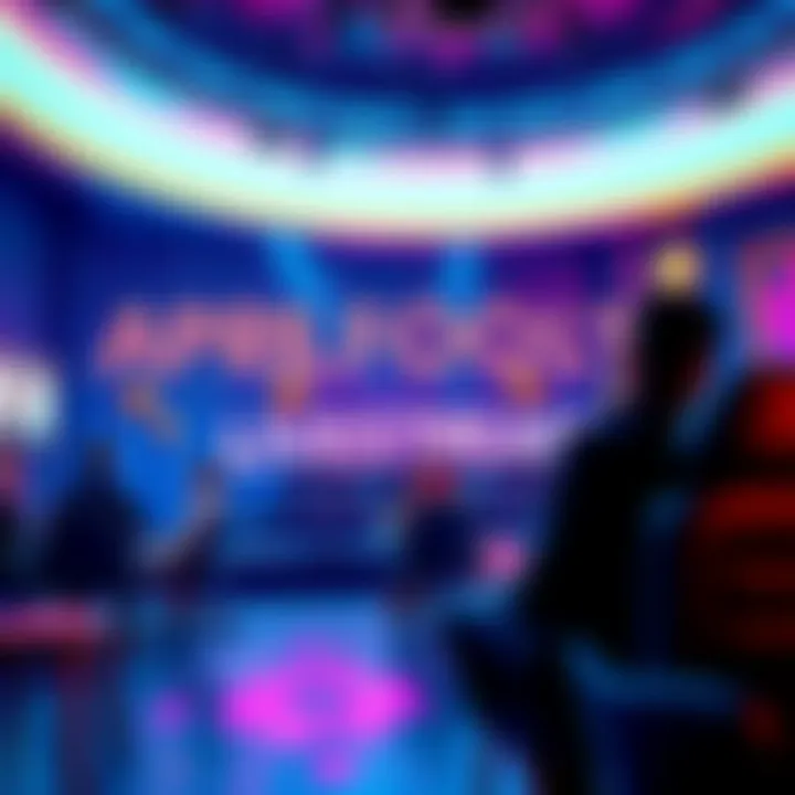 A lively livestream event featuring speakers discussing AI and crypto, with a quiz and giveaway elements in a festive setting.