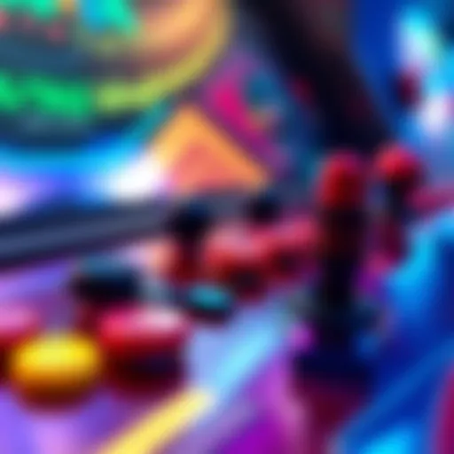 A close-up of a colorful arcade game controller with buttons and a joystick, representing gaming rewards and in-game spending