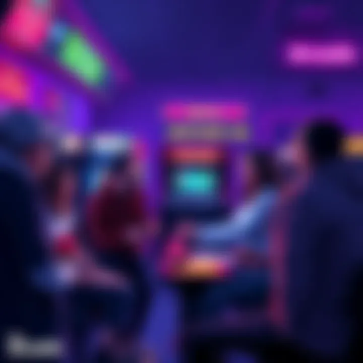 A group of arcade enthusiasts discussing game quality with vintage arcade machines in the background.