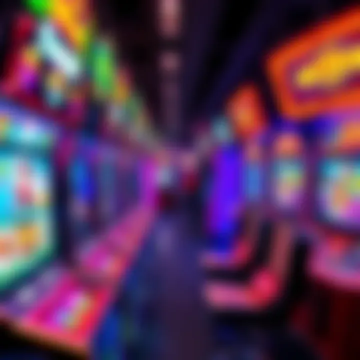 Colorful arcade games with bright lights and potential prizes displayed