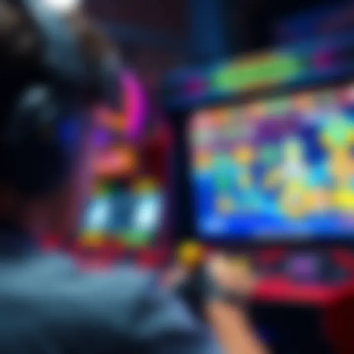 A player focused on an arcade game screen, showing various in-game achievements and goals highlighted on the display