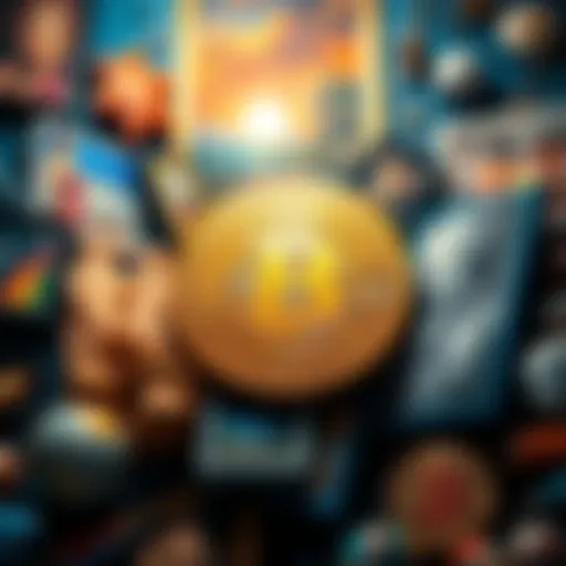A visual representation of a bitcoin coin surrounded by various art pieces, showcasing the blend of currency and artistry.