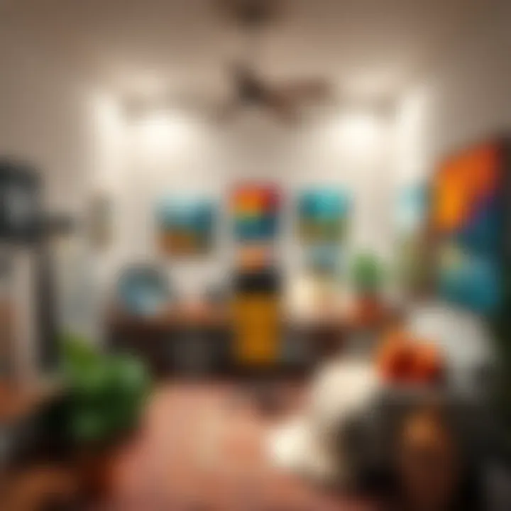 A cozy home office decorated with various art pieces, including colorful paintings by Sue Dawe and W. Grasse, creating an inspiring workspace atmosphere.