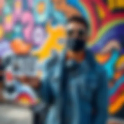 Mural artist holds QR code for Bitcoin donations while standing in front of their vibrant mural