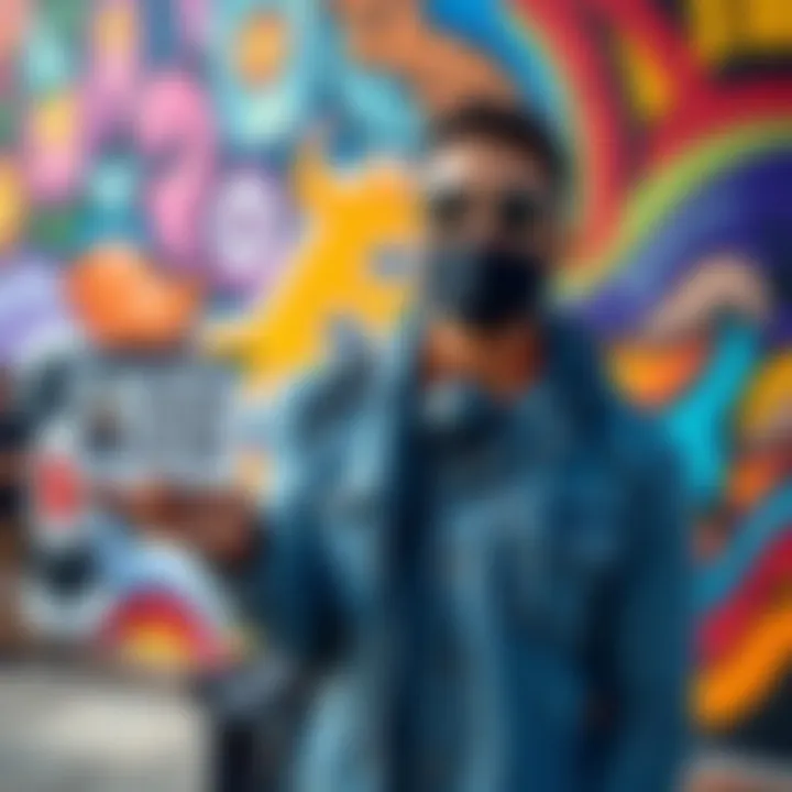 Mural artist holds QR code for Bitcoin donations while standing in front of their vibrant mural