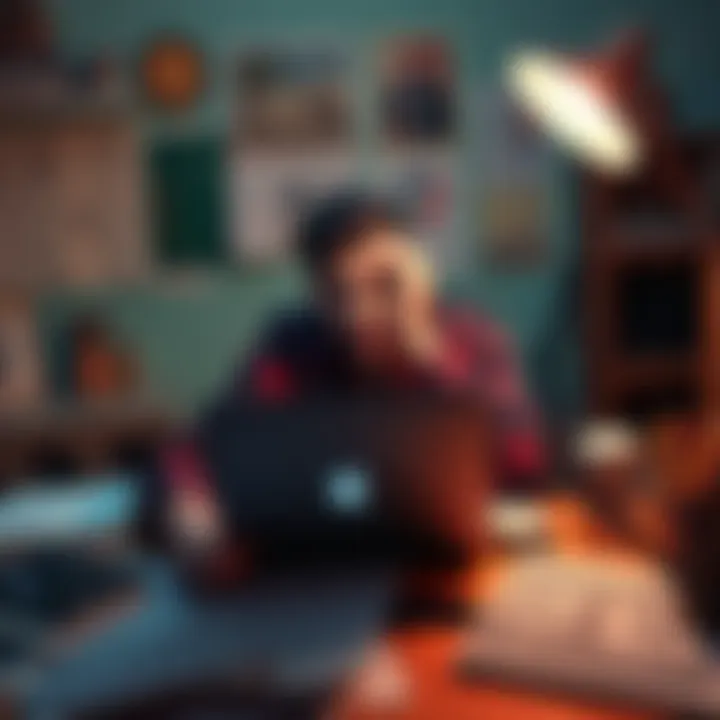 A struggling artist sits at a desk with a laptop, appearing upset after experiencing a cryptocurrency theft. Papers and art supplies surround them, reflecting their financial struggles.