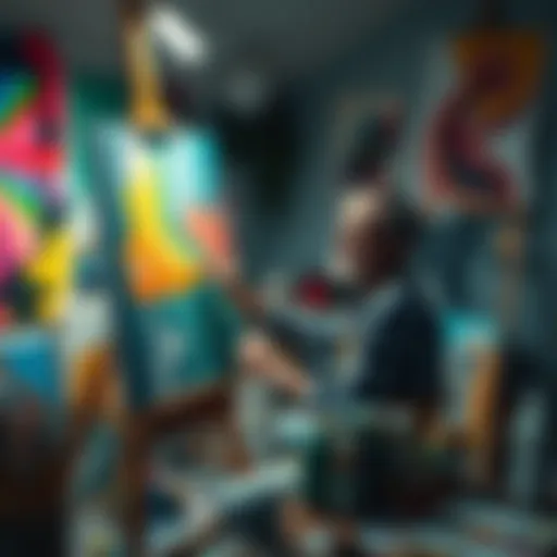 An artist is happily painting on a canvas in their studio, surrounded by colorful art supplies and completed works.