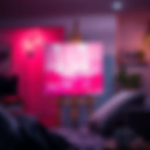 A vibrant pink painting on canvas with brush strokes reflecting hope and resilience, displayed in a cozy room illuminated by soft light at night.