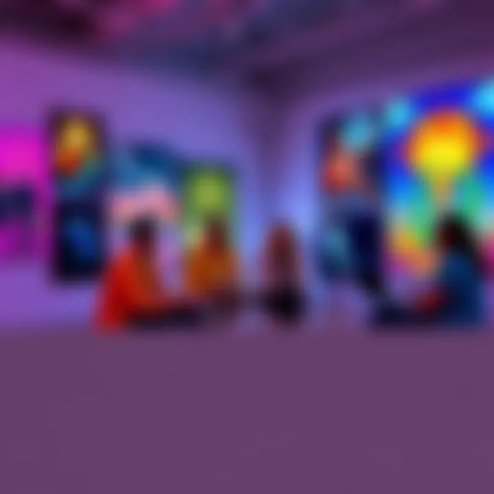 A group of artists discussing their NFT projects on Tezos, surrounded by colorful digital artworks and a laptop showing the platform.