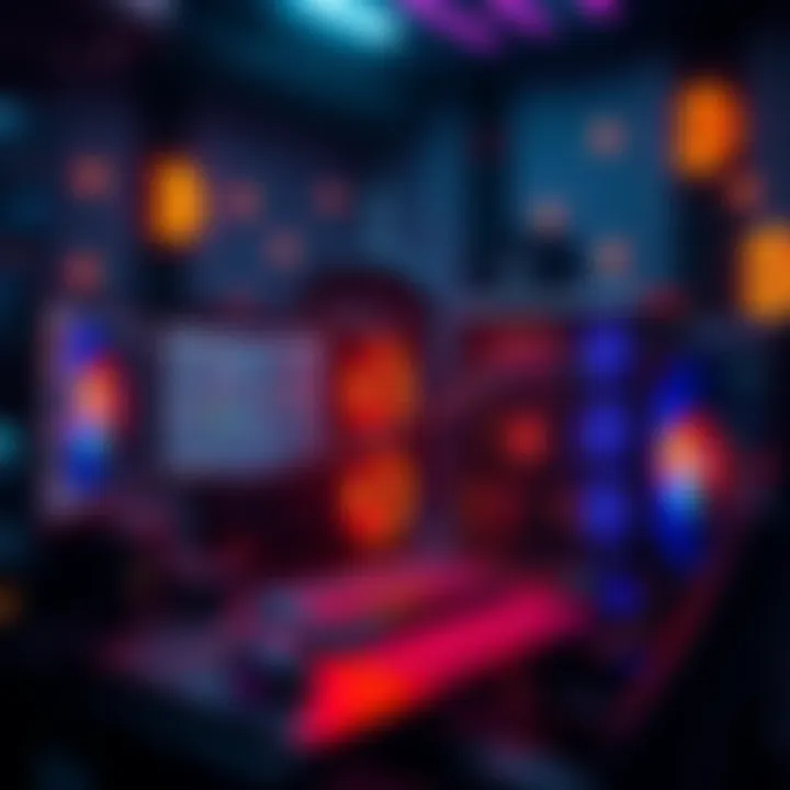 A computer setup with multiple ASIC mining rigs working on cryptocurrency tasks, surrounded by cryptocurrency graphics.