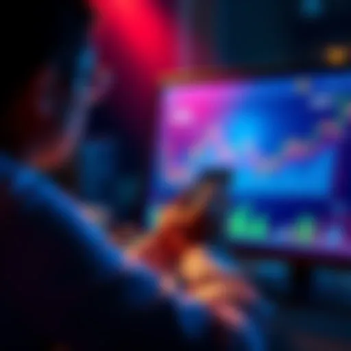 A graphic showing a person analyzing charts on a computer screen with digital currencies and blockchain symbols around them