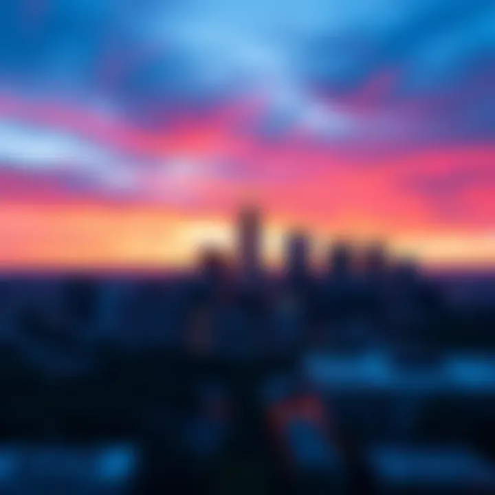 A beautiful view of Atlanta's city skyline during sunset, highlighting the vibrant colors of the sky and skyscrapers.
