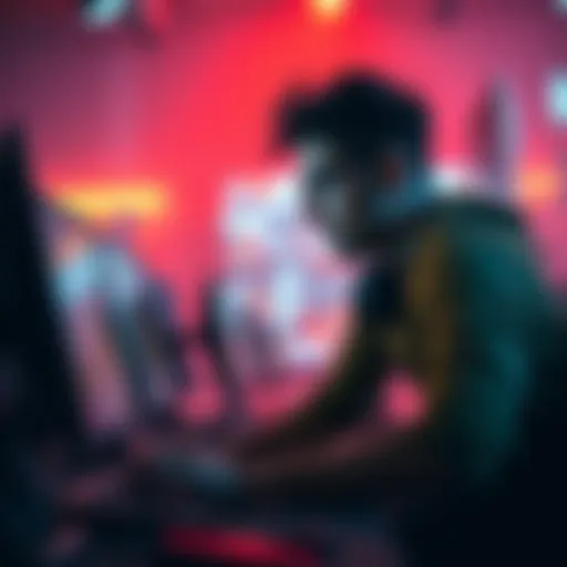 A person strategizing in front of a computer, focused on winning in a gaming competition.