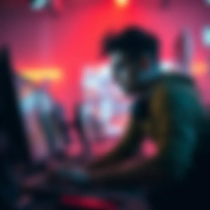 A person strategizing in front of a computer, focused on winning in a gaming competition.