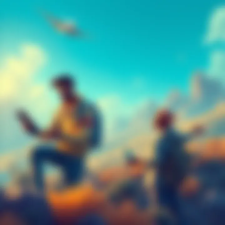 Types of Atlas Earth Players Illustration showing three player types: long-term investors analyzing charts, short-term investors excited about earnings, and Players enjoying no-cost gameplay in a vibrant landscape.