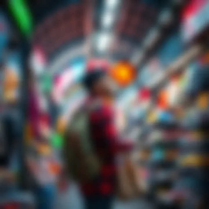 A person shopping in a colorful subway market filled with various products and goods, showcasing an alternative shopping experience after leaving online surveys.
