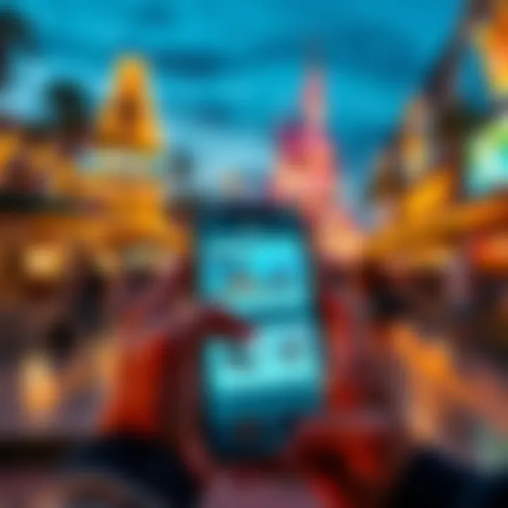 A person using the Atlas Travel app on a smartphone to book theme park tickets and hotels for an Orlando trip