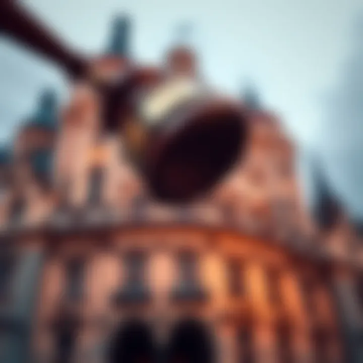 A close-up of an auction gavel above a historic building, symbolizing landmark auctions and ownership stakes