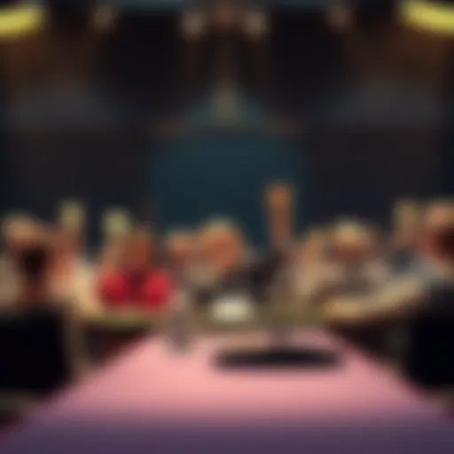 A group of bidders sitting at a table with paddles raised, eagerly participating in an auction.