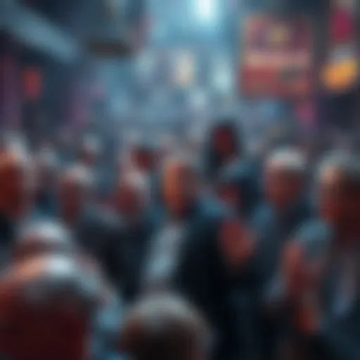 A chaotic auction scene with bidders looking surprised and confused, reflecting the sudden cancellation due to shill bidding allegations.