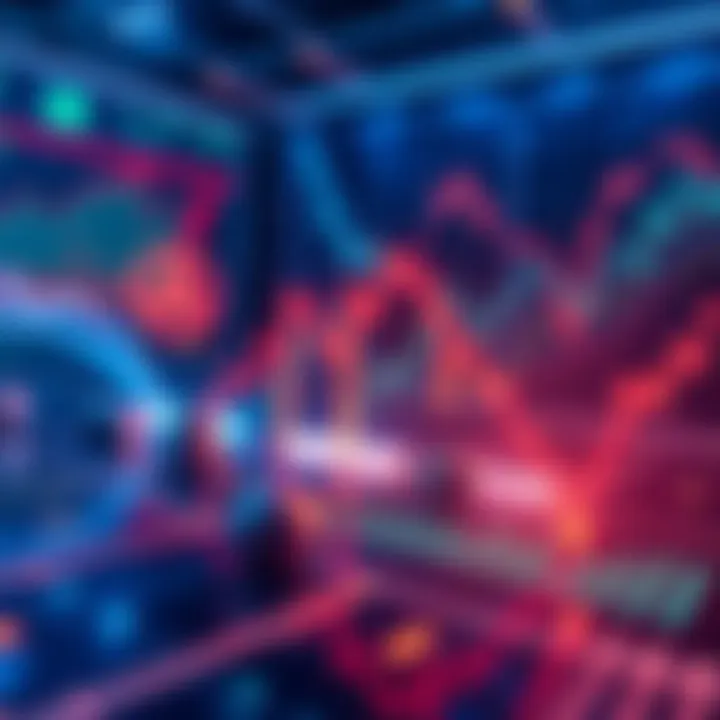 Augur's Future Challenges A visual representation of Augur's decentralized prediction market, featuring graphs and market symbols representing uncertainty and finance