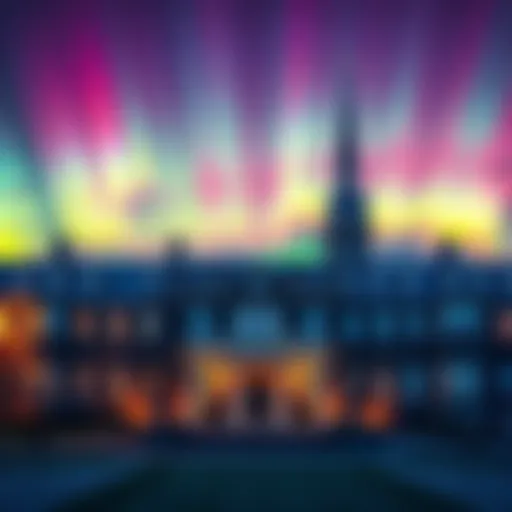 A stunning display of auroras lighting up the sky over Trinity College Dublin, showcasing vibrant colors and natural beauty.