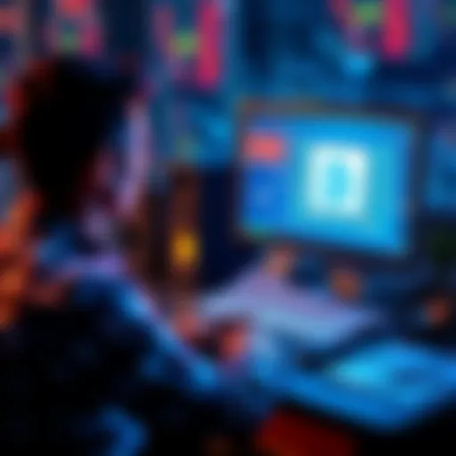 A person sitting at a desk looking at a computer screen showing a cryptocurrency platform, with Australian bank logos visible on papers around them.