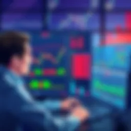 A person analyzing trading charts on a computer while automated software runs in the background, showing graphs and profits.