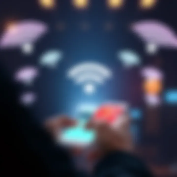 A person using a smartphone that connects to a WiFi network without entering a password, surrounded by visible WiFi signals in the background.