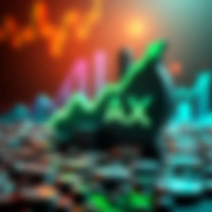 Representation of AVAX cryptocurrency showing upward trend with green arrows and positive symbols.