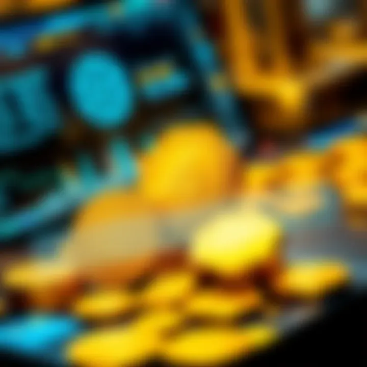 A visual representation of Ayni Gold with gold coins and a digital interface showing DeFi elements.