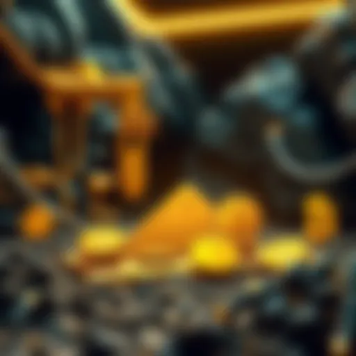 A graphic representation showing gold mining equipment alongside cryptocurrency symbols, illustrating the connection between gold and crypto in the Ayni Gold project.