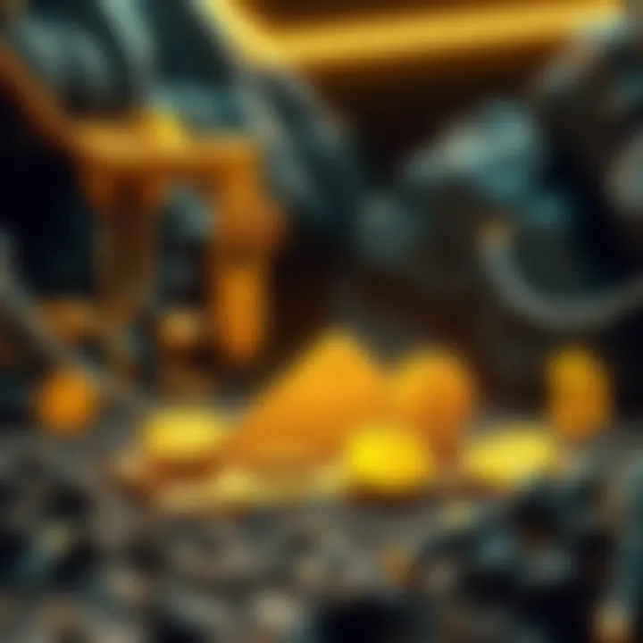 A graphic representation showing gold mining equipment alongside cryptocurrency symbols, illustrating the connection between gold and crypto in the Ayni Gold project.