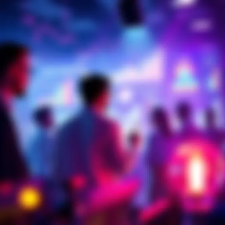 A vibrant scene showing people discussing Ayo developments with charts and graphs in the background.