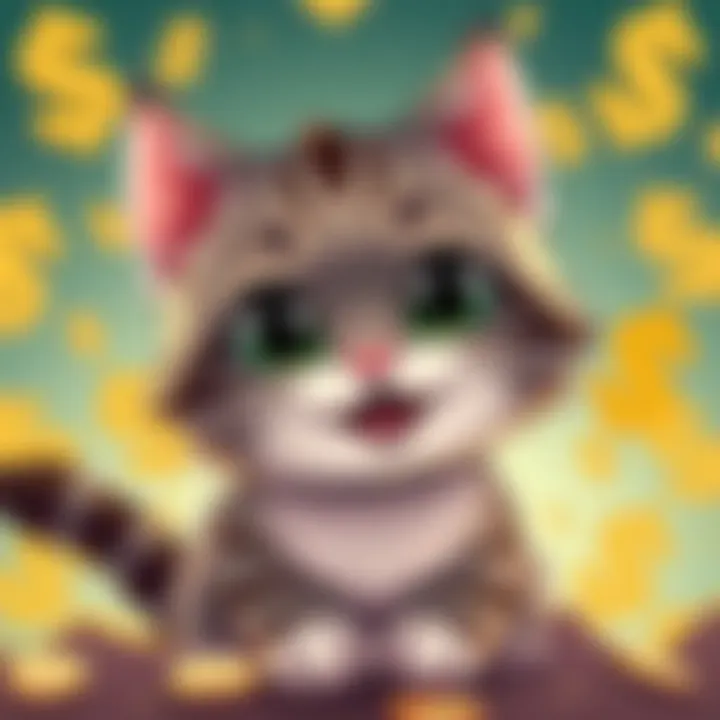 A cute cartoon cat representing Baby Cash Cat, with a playful expression and dollar signs in the background, symbolizing the crypto theme.