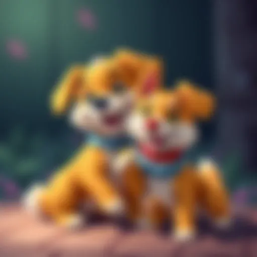 A cheerful cartoon dog, representing BabyDoge, interacts playfully with a stray dog, showcasing their bond and charity efforts.